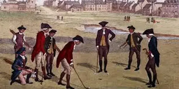 Historic painting of early golfers on the links